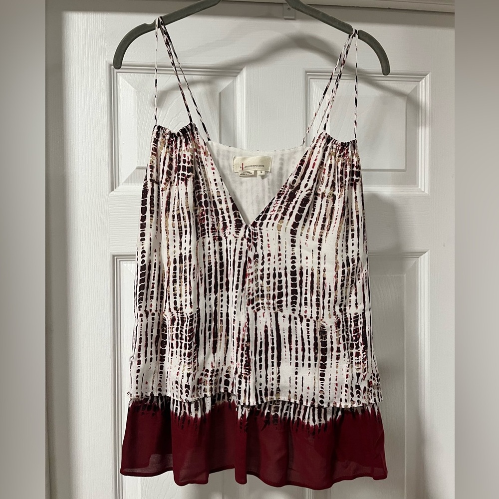 Anthropologie Tiered Romantic Boho Spaghetti Strap Burgundy/Cream Tie Dye Medium